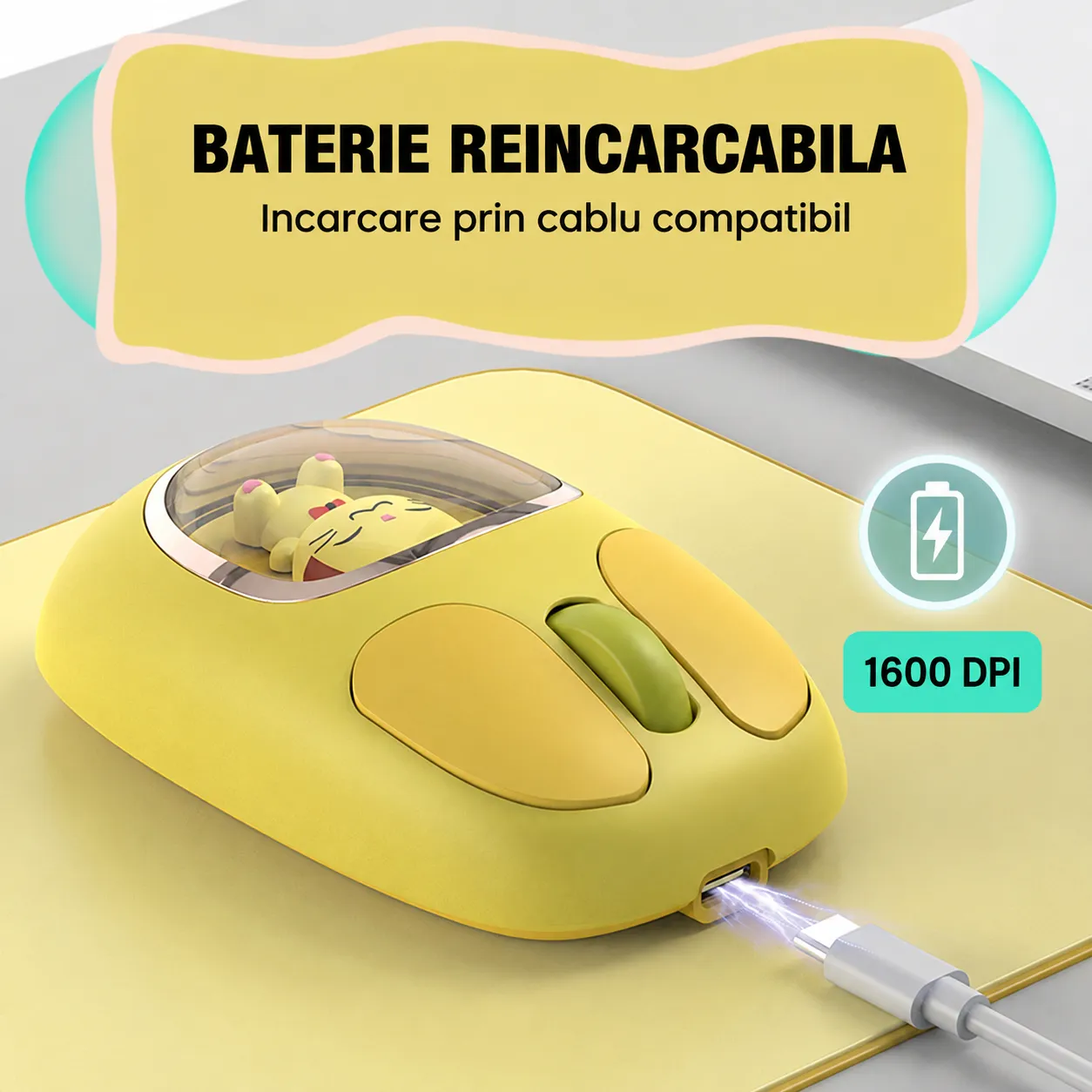 Mouse wireless Timebox 1600 DPI galben Bluetooth silentios