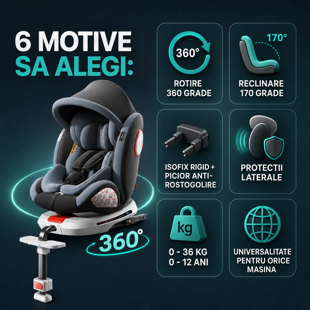 Timebox Scaun Auto Bebeluși 0-12 Ani 360° ISOFIX Gri