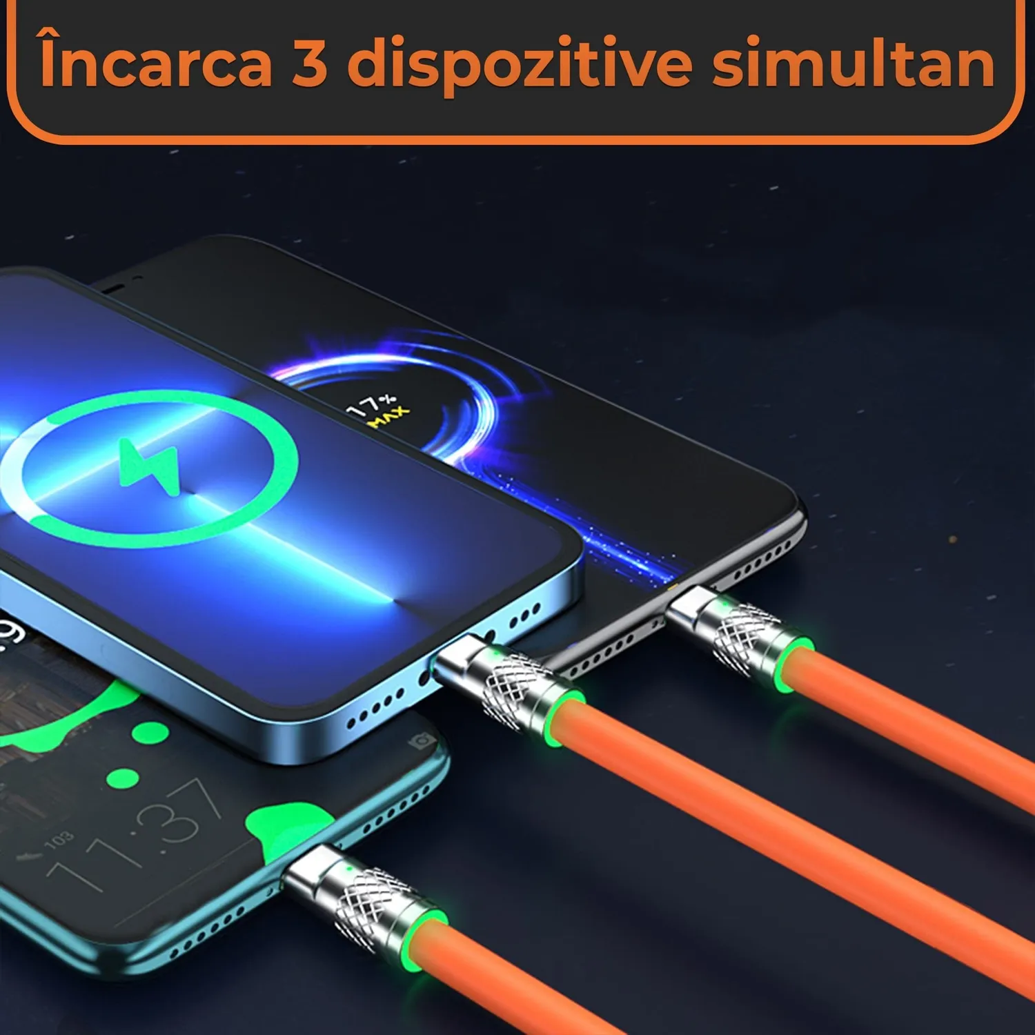 Timebox Cablu 3 in 1 120W 1,2m USB-C Lightning portocaliu