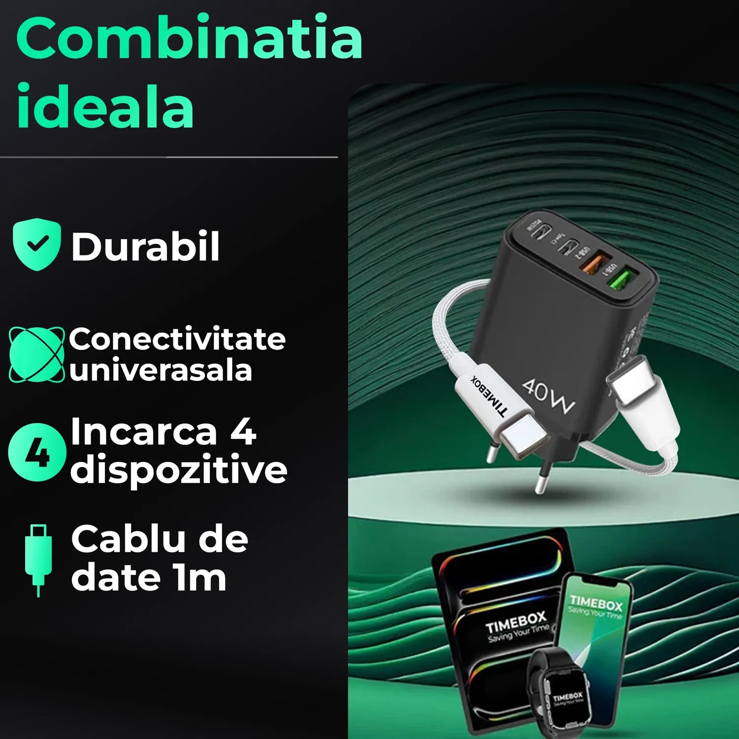 Timebox 40W incarcator retea alb 4 porturi rapid