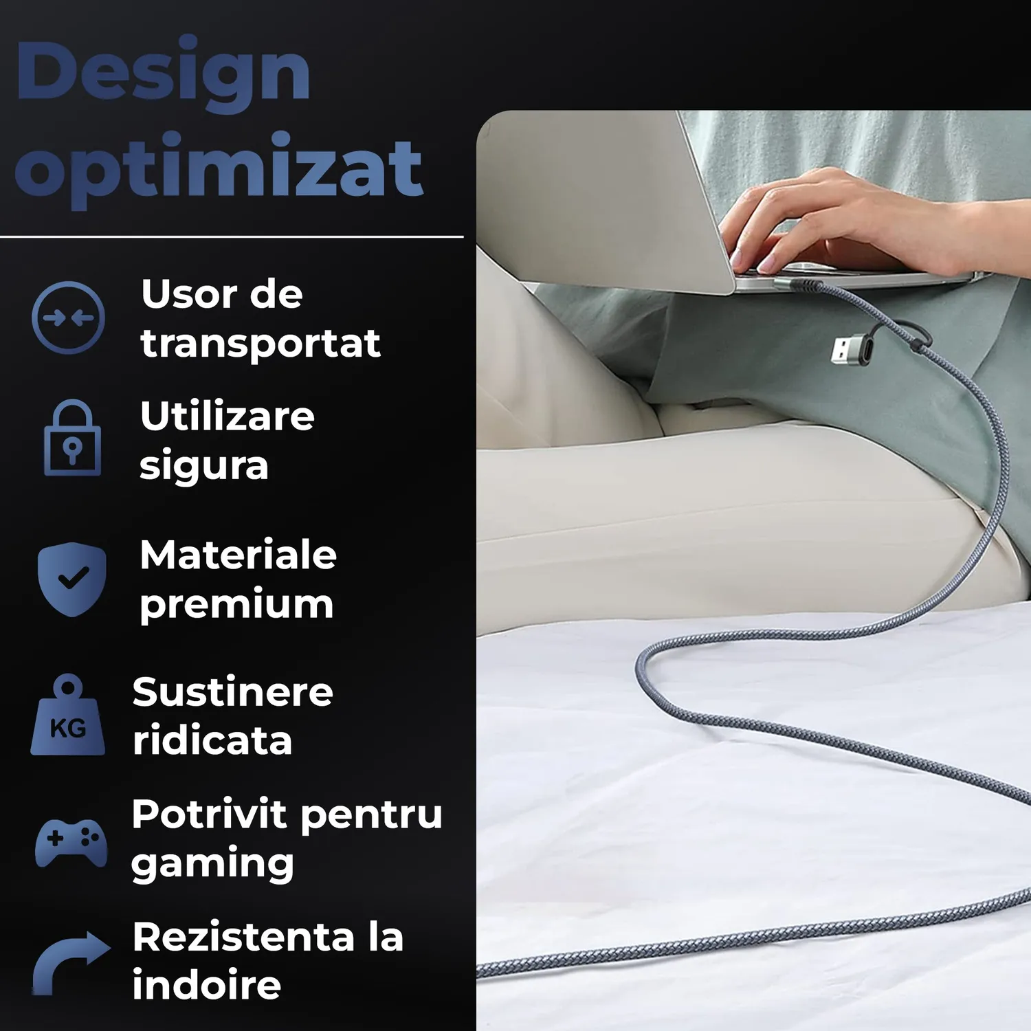 Timebox 65W cablu negru 1m USB-C fast charge 2 in 1