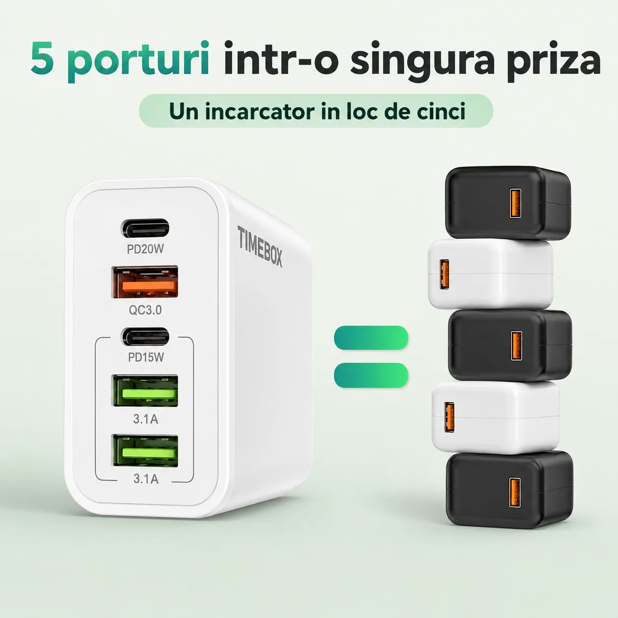 Timebox încărcător rețea 65W alb 5 porturi rapid