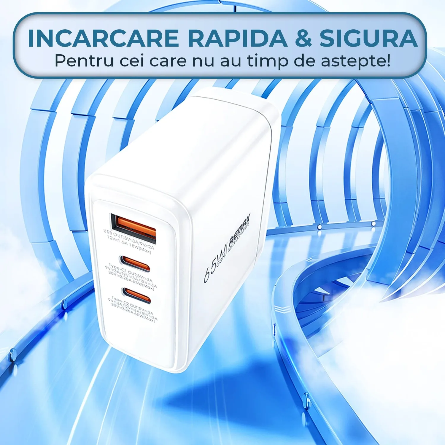 Timebox incarcator retea 65W 3 porturi alb Type-C USB laptop