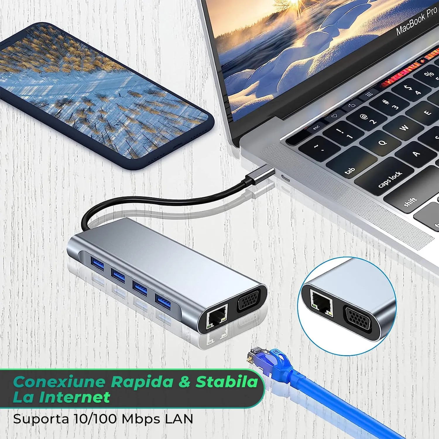 Timebox hub USB 11 in 1 Type-C gri HDMI VGA card reader