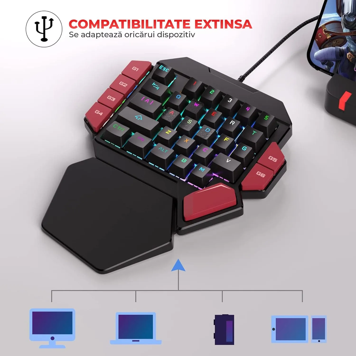 Timebox One Hand tastatura gaming Blue Switch RGB negru