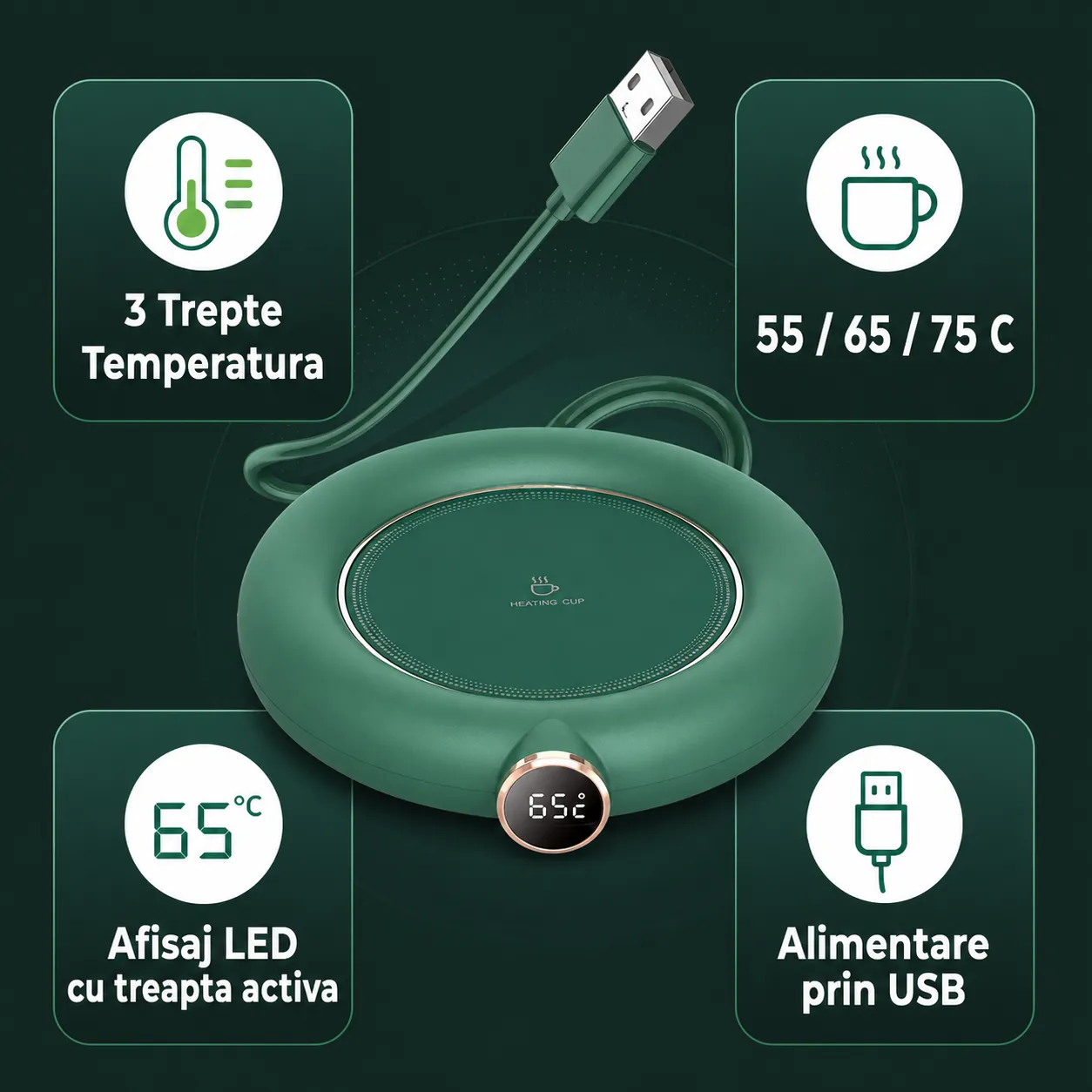 Timebox incalzitor cana USB verde 75°C 3 trepte LED