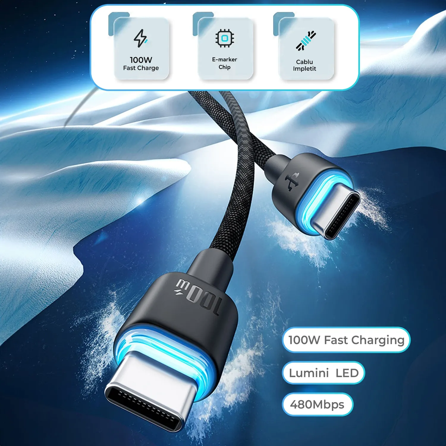 Timebox 100W 2m cablu USB-C negru cu LED