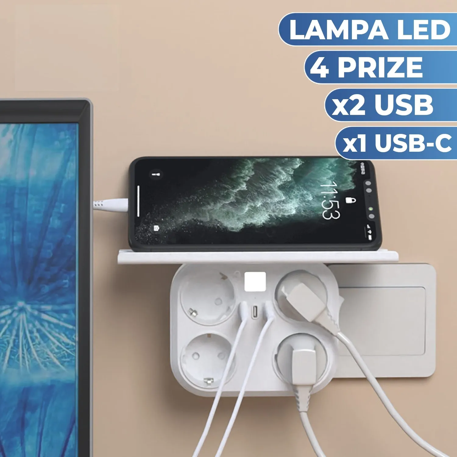 Timebox priză cvadruplă albă 2xUSB suport telefon