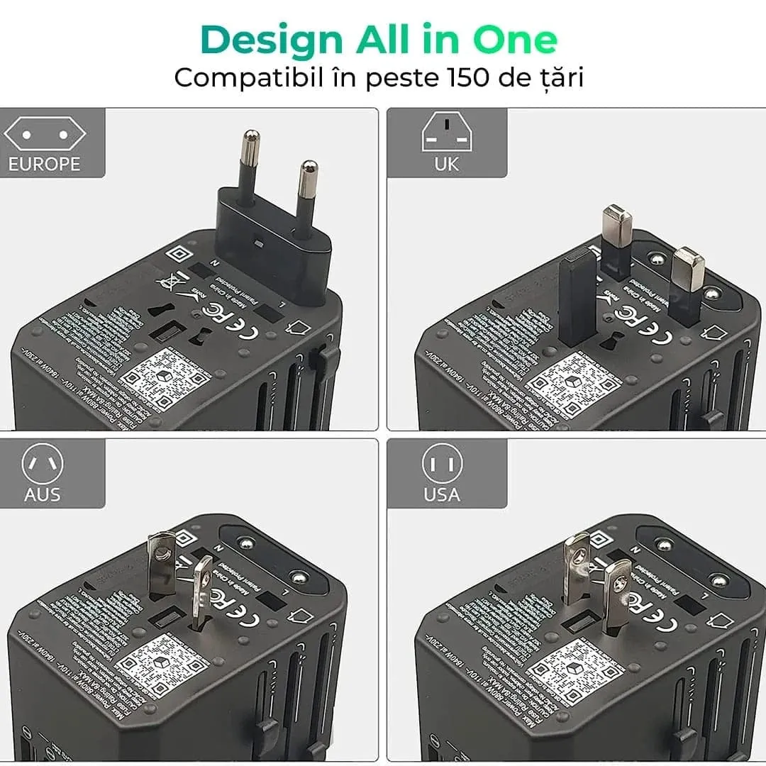 Timebox Travel adaptor universal + cablu USB-C 66W 1m alb