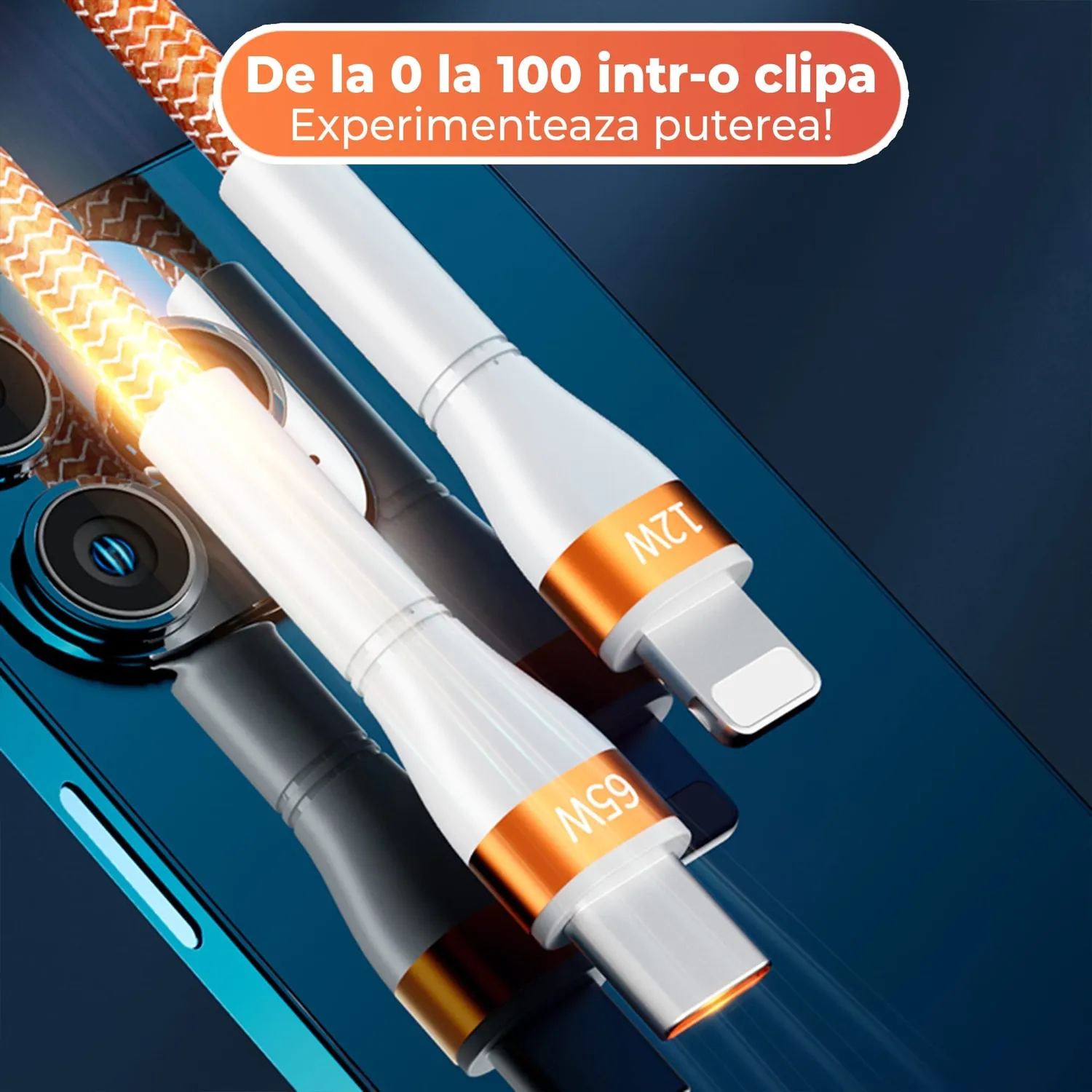 Timebox cablu 2in1 65W USB-C Lightning 1,5m portocaliu