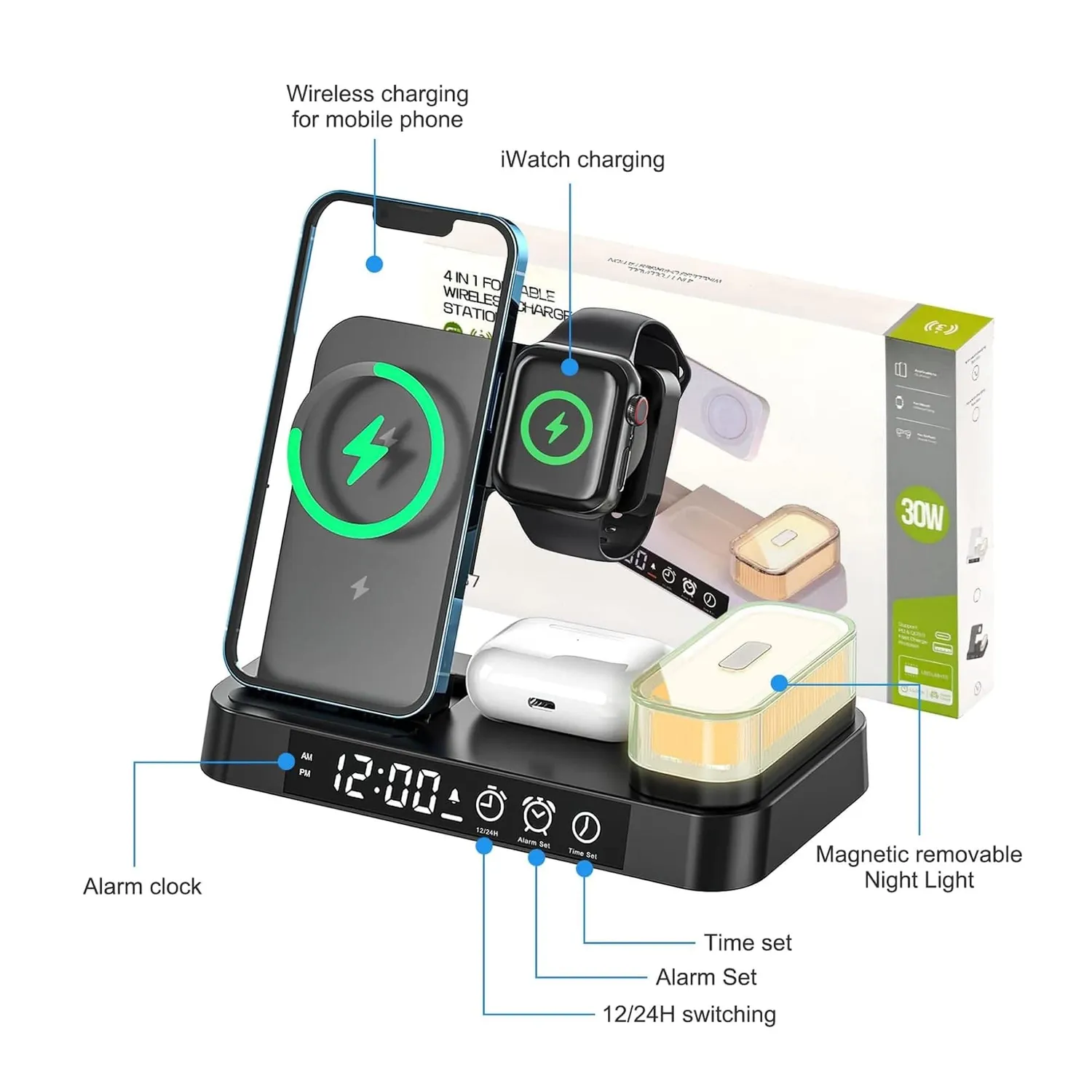 Timebox 20W incarcator wireless 5 in 1 cu lampa detasabila