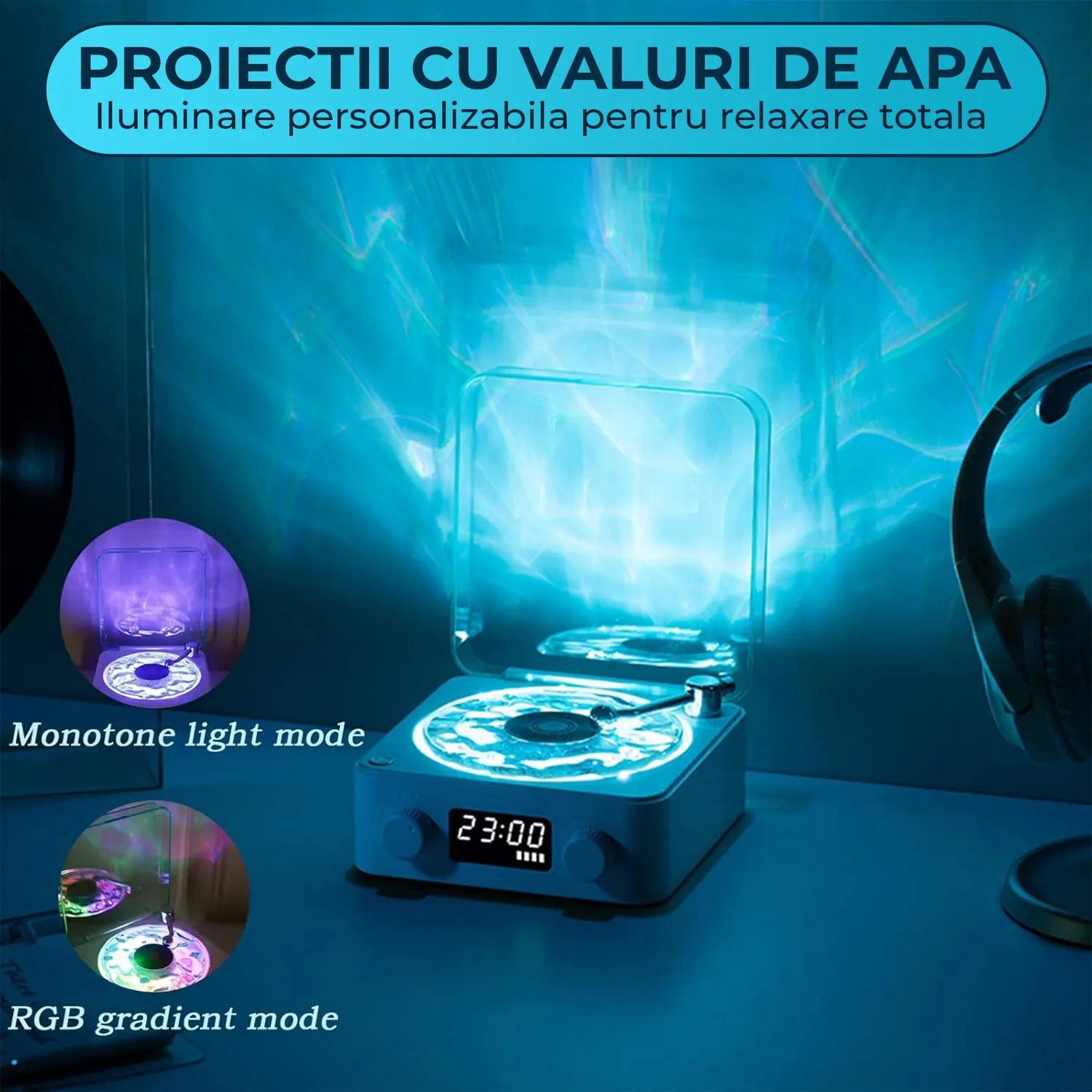 Timebox boxa portabila Vinyl alba Bluetooth ceas proiector