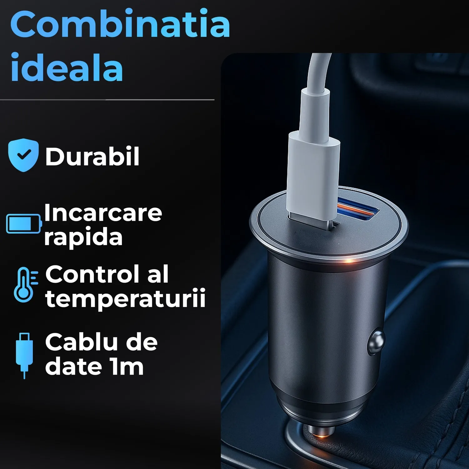 Timebox 67W incarcator auto USB-C + cablu 1m negru