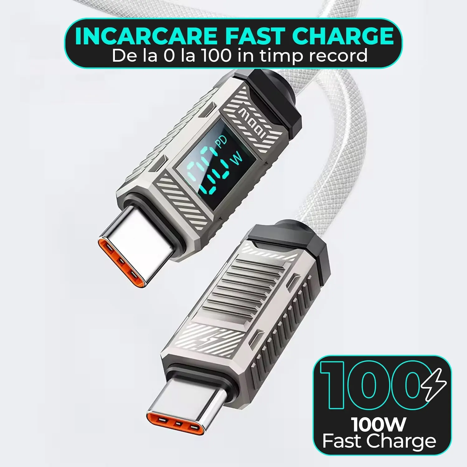Timebox cablu USB-C la Type-C 100W 2m alb display