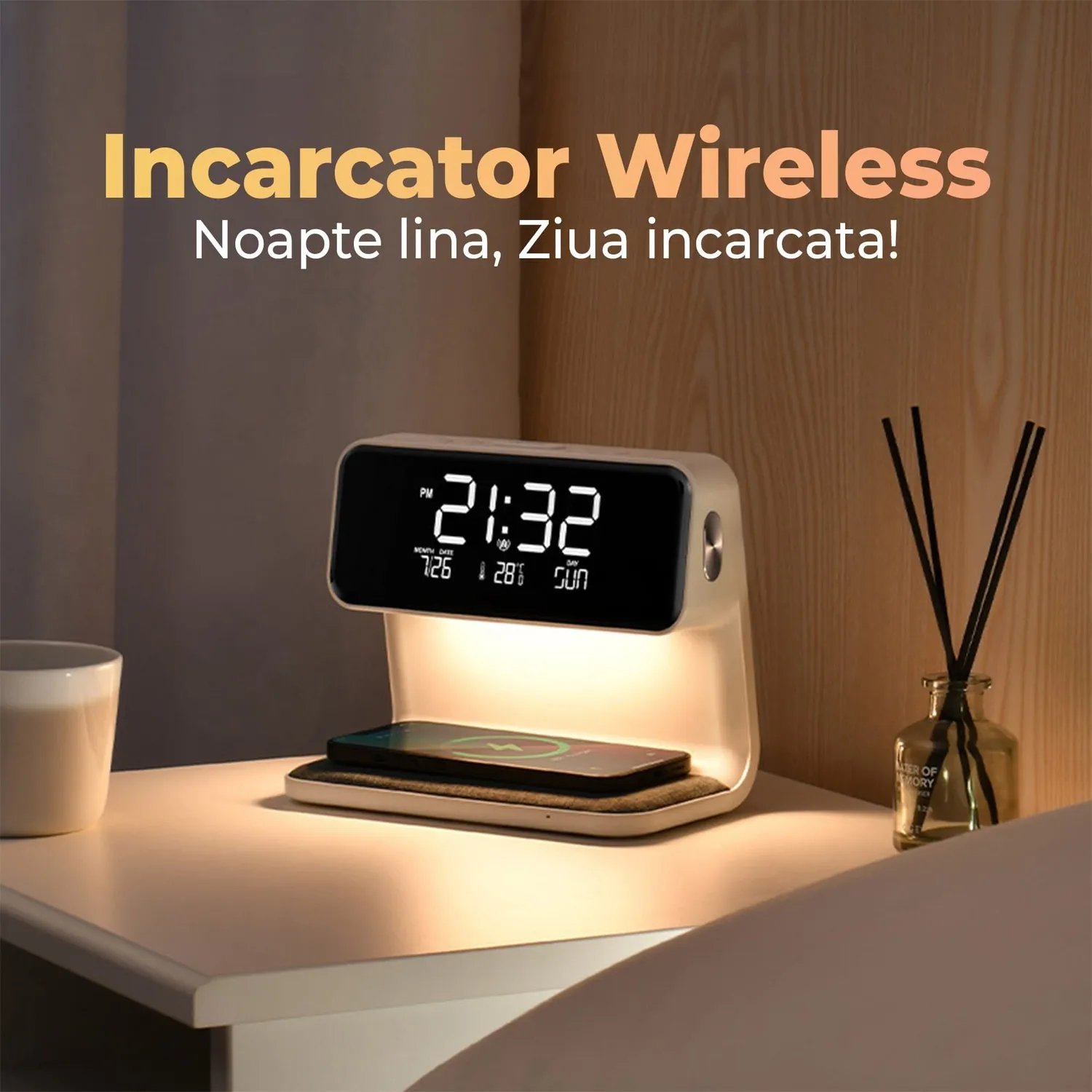 Timebox incarcator wireless 10W cu ceas alb