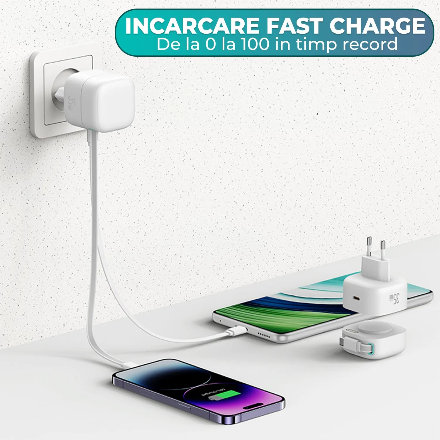 Timebox Incarcator Retea 35W 2x USB-C Cablu retractabil Alb