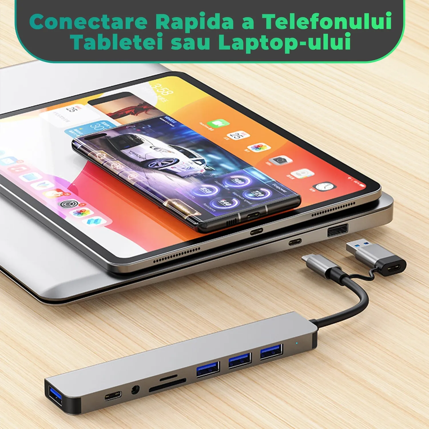 Timebox Hub USB 8 in 1 Type-C Argintiu Jack 3.5mm HDMI