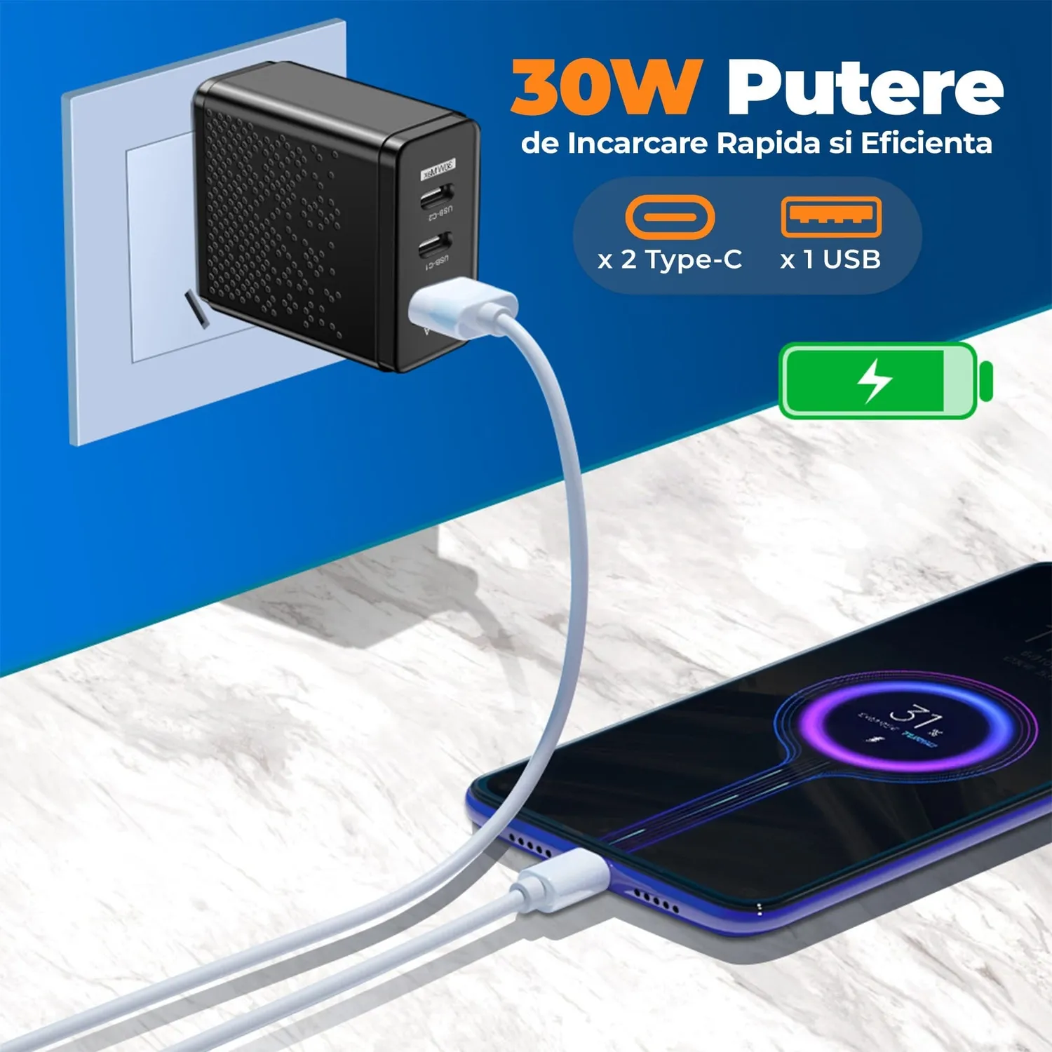 Timebox 30W incarcator retea 3 porturi USB-C USB negru