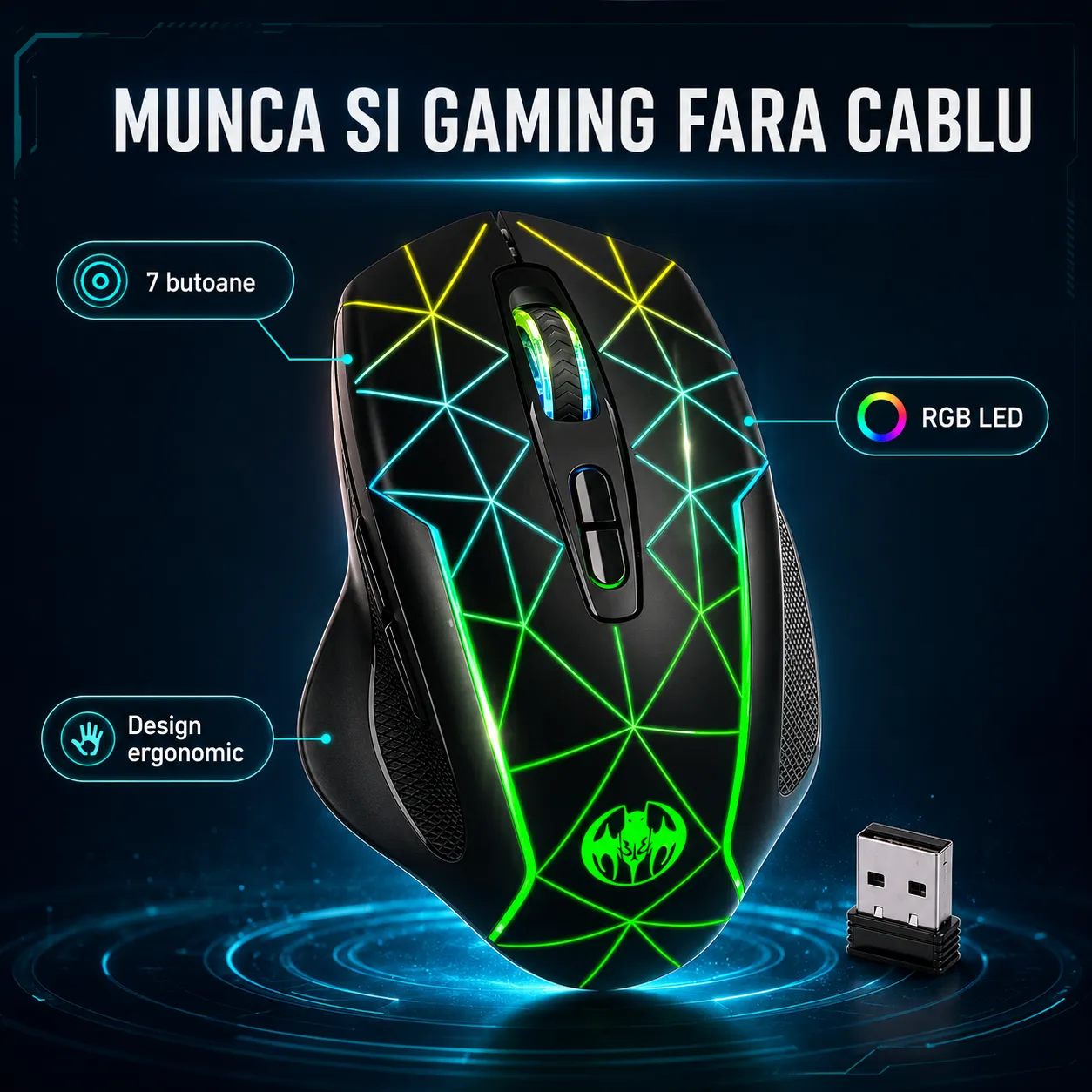 Timebox Jiggler mouse gaming wireless 1600DPI negru RGB
