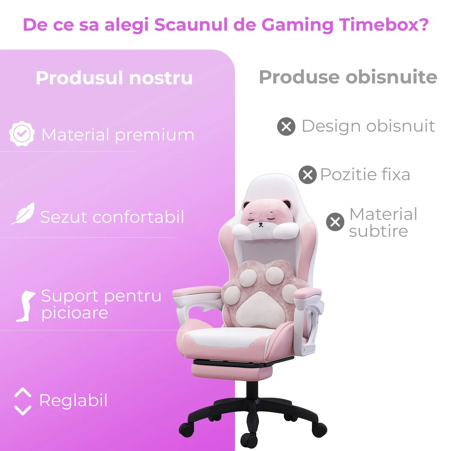 Timebox 135 scaun gaming roz piele PU cu footrest