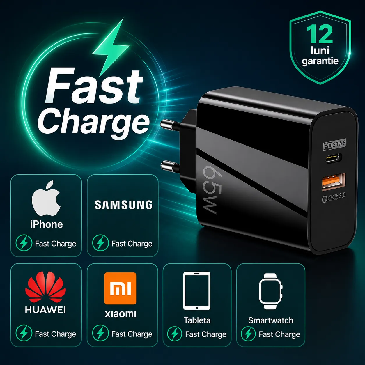 Timebox 65W Incarcator Retea 2 Porturi USB Type-C Negru GaN