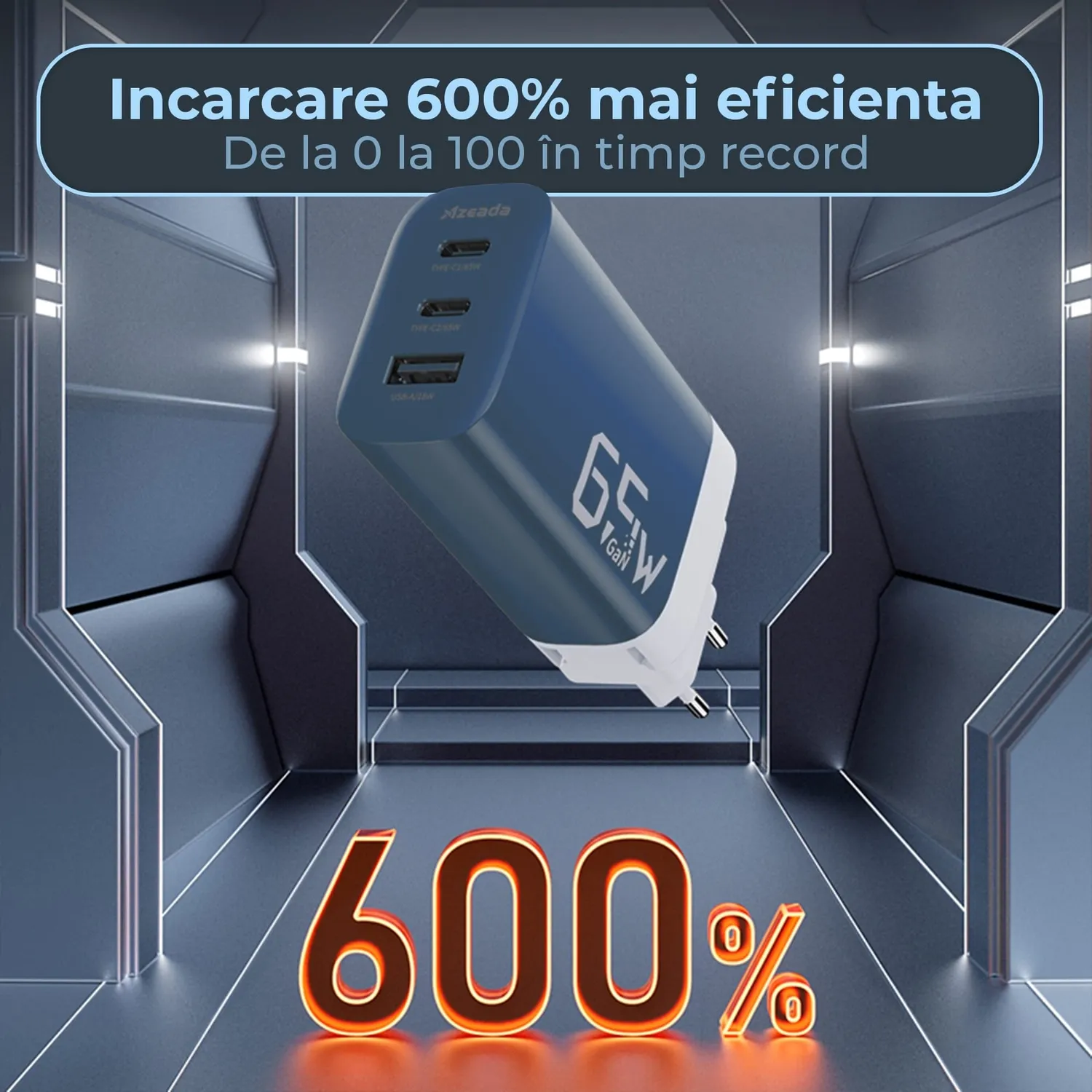Timebox incarcator retea 65W albastru 2x Type-C + USB