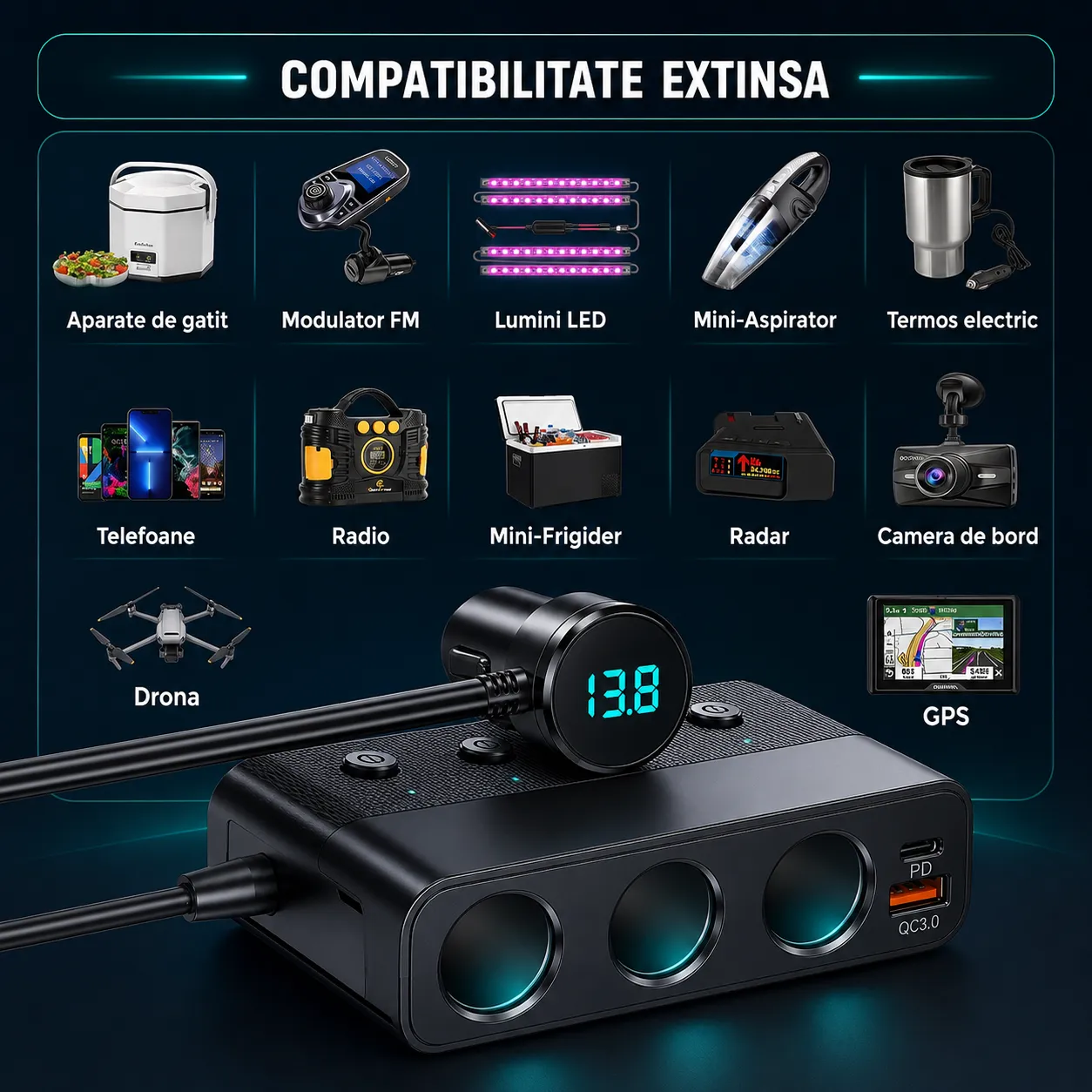 Timebox Adaptor Priza Auto 7 in 1 128W Negru