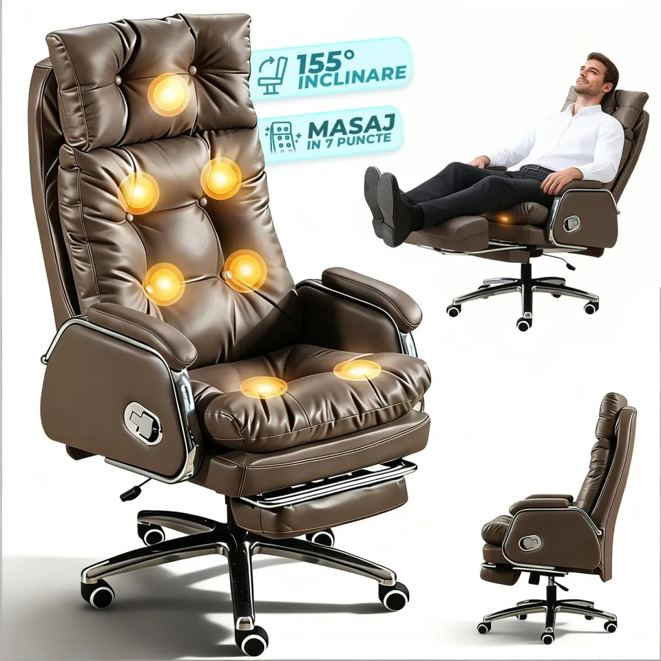 Timebox Scaun Birou Ergonomic Masaj 7 Puncte Maro 155°