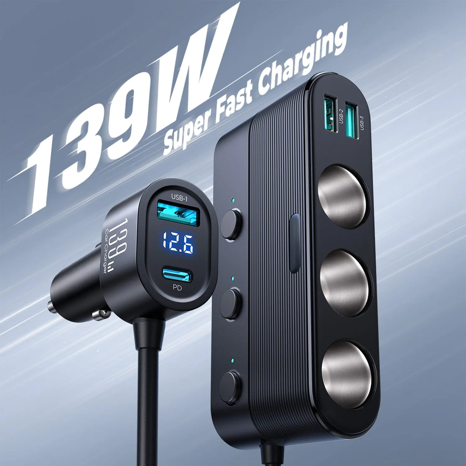 Timebox 139W incarcator auto 7 in 1 cu USB si USB-C display
