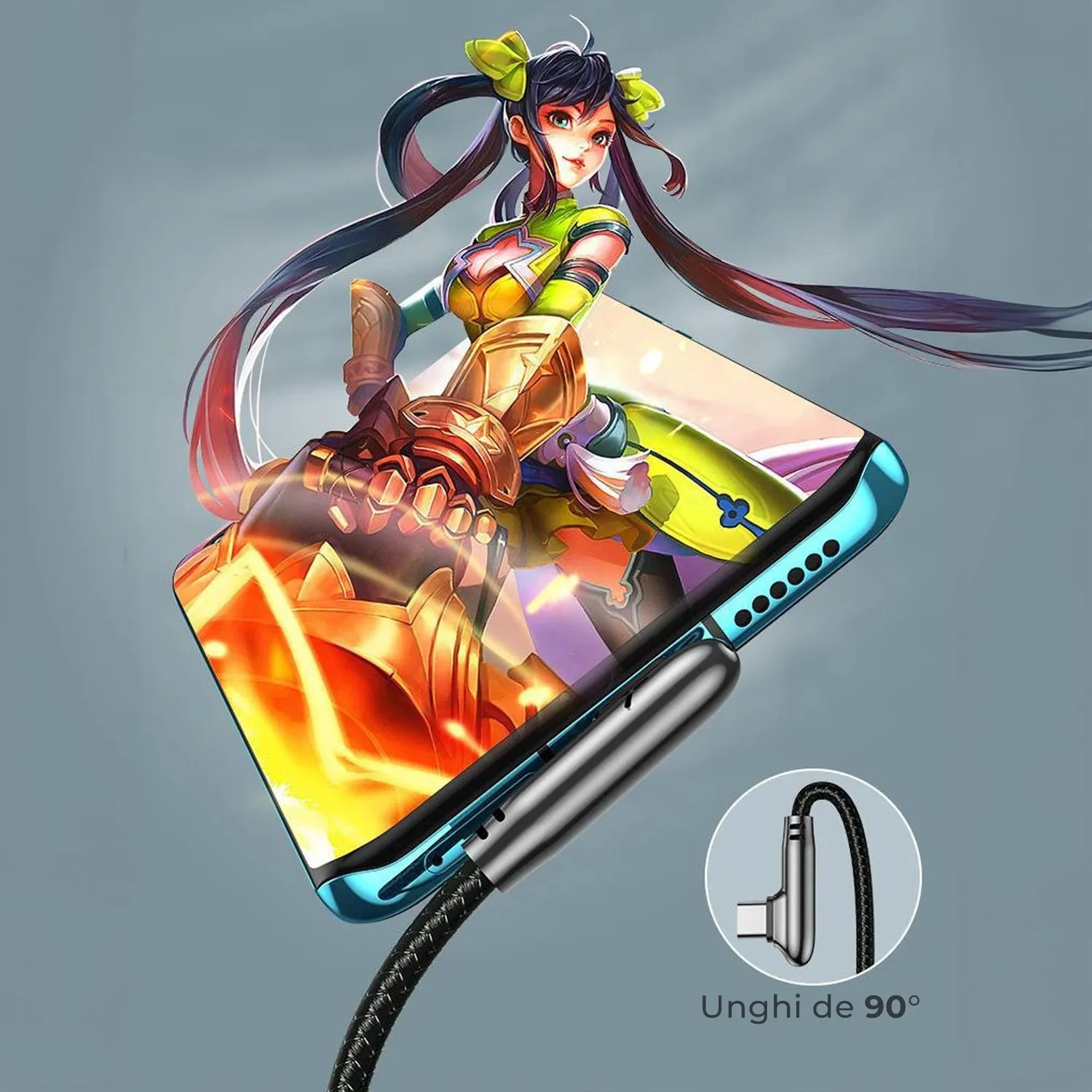 Timebox cablu USB la Type-C 90° negru fast charge