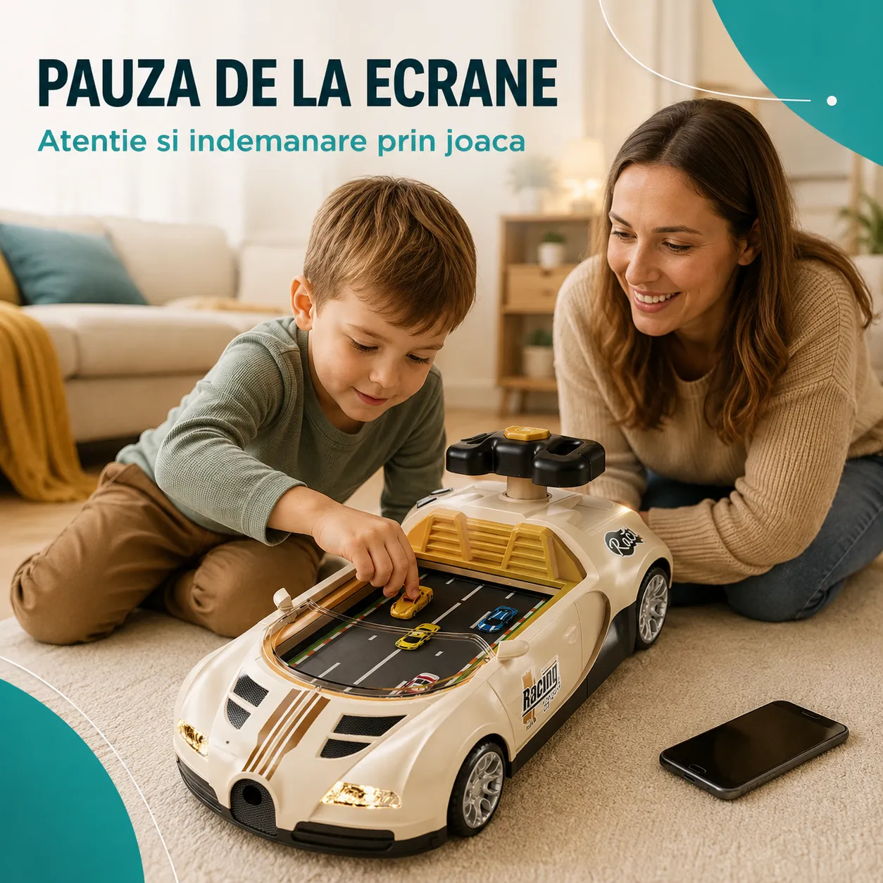 Timebox Bugatti masinuta interactiva bej cu telecomanda