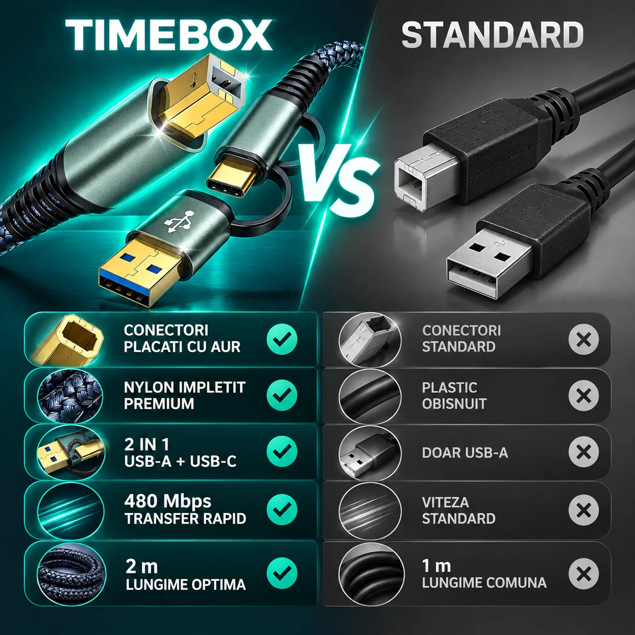 Timebox Cablu Imprimanta USB/USB-C la USB-B 2m Gri