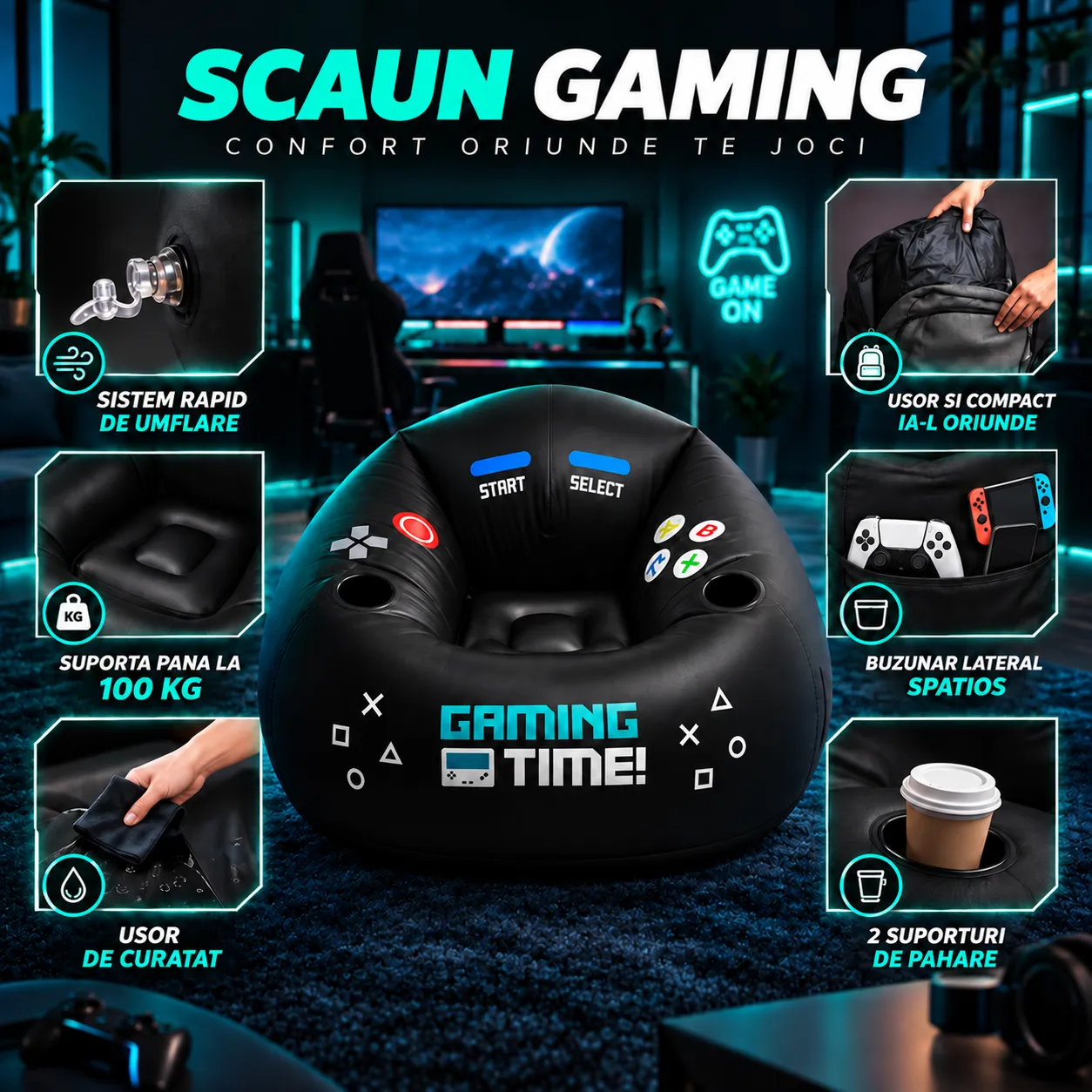 Fotoliu gonflabil gaming Timebox negru cu suport pahar