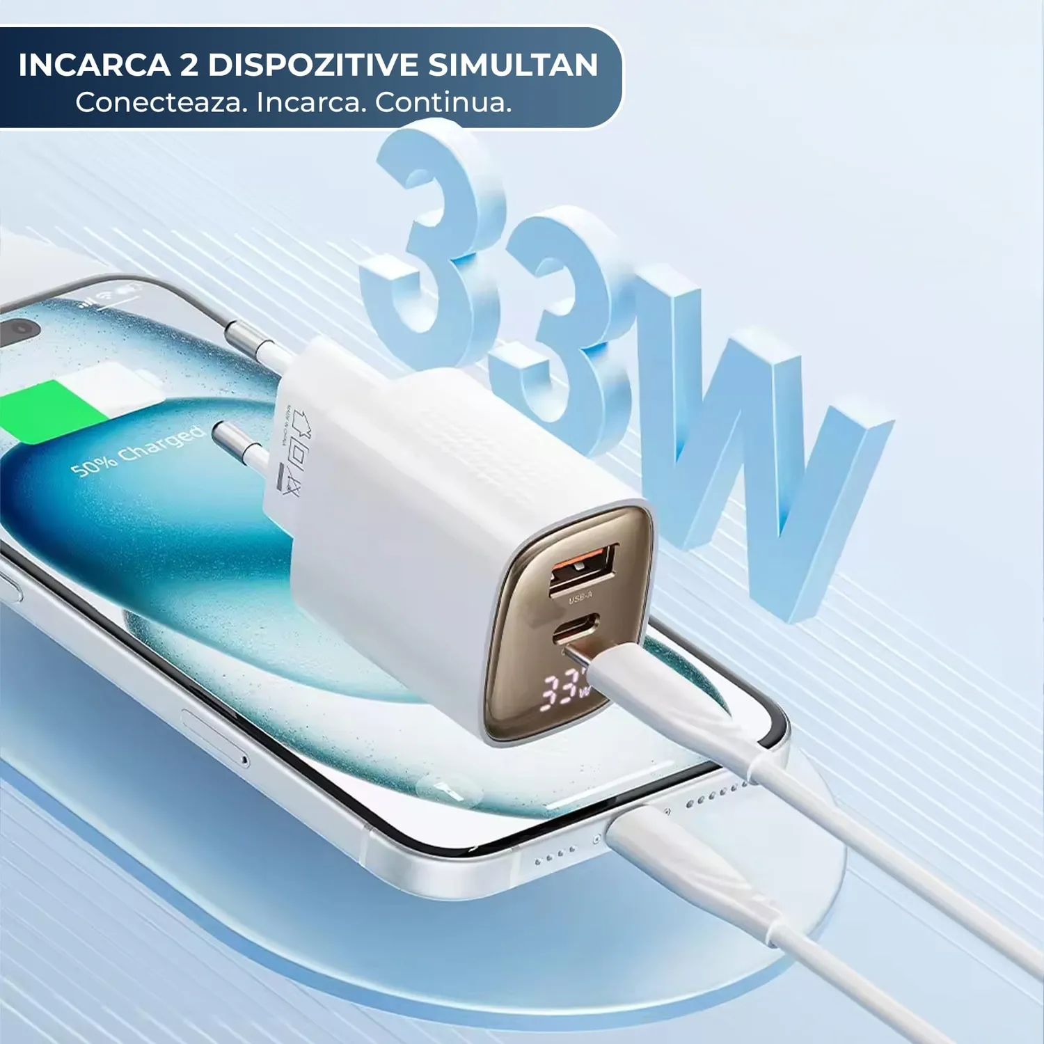 Timebox 33W incarcator retea 2 porturi Type-C USB alb