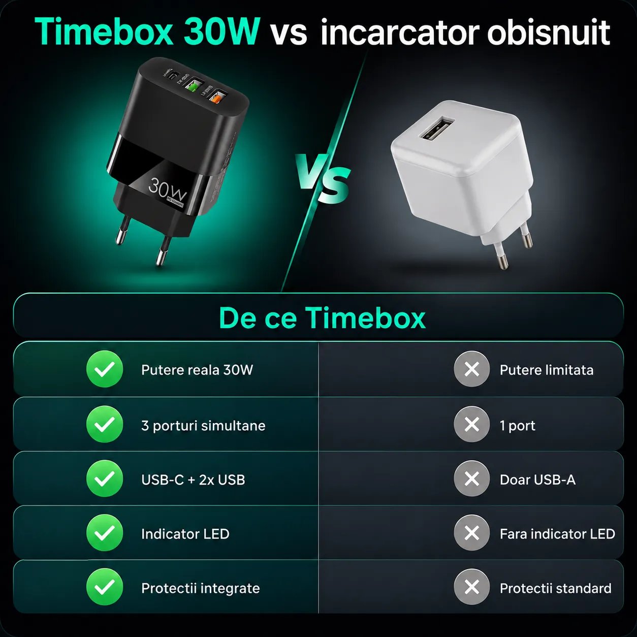 Timebox 30W incarcator priza negru 3 porturi LED