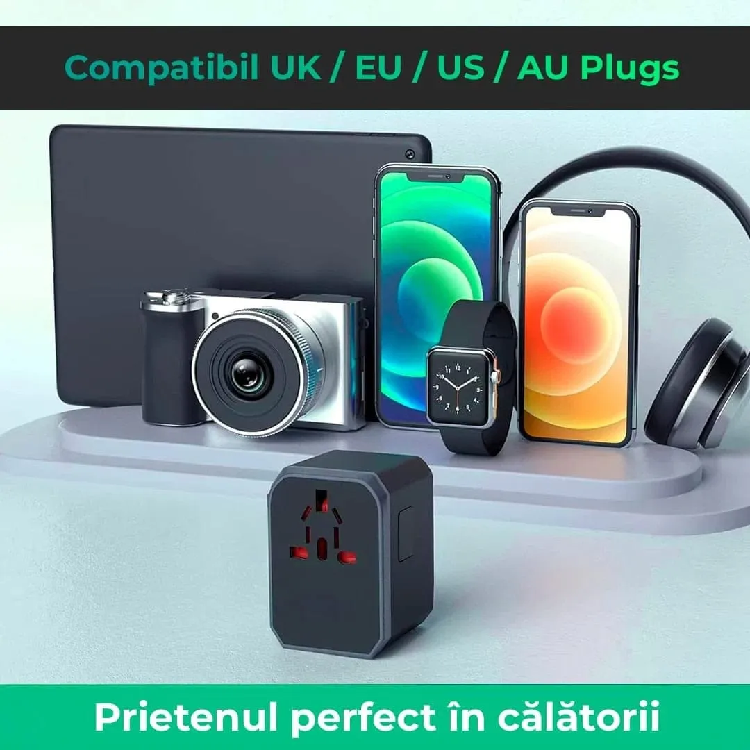 Timebox Travel adaptor universal + cablu USB-C 66W 1m alb