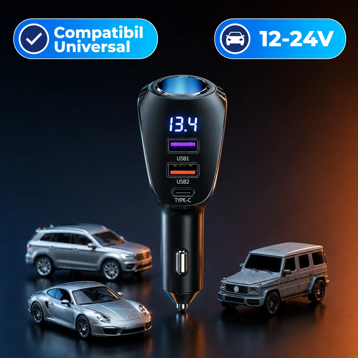 Timebox 110W Adaptor Priza Auto 4 in 1 Negru Display
