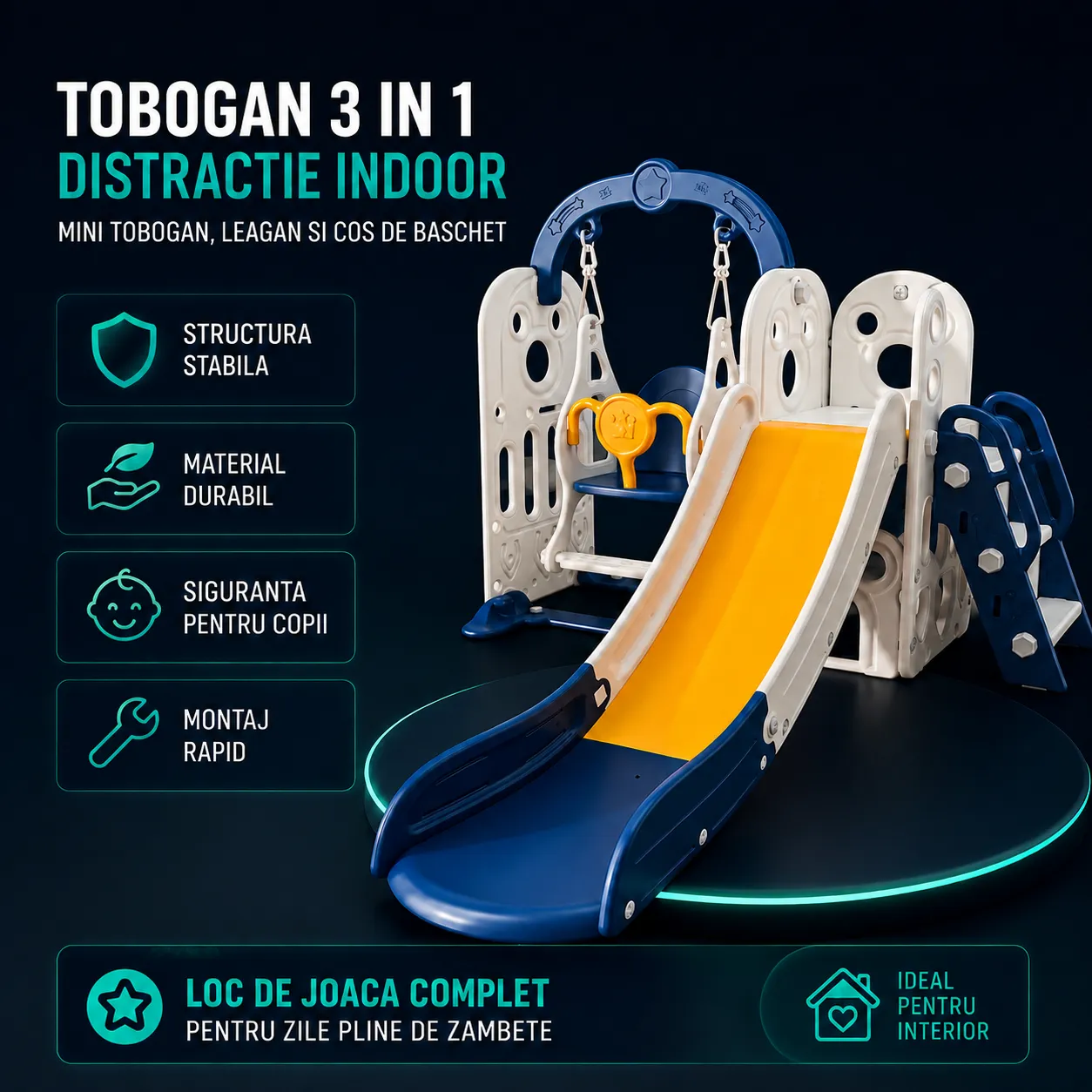 Timebox tobogan copii 3 in 1 leagan baschet galben