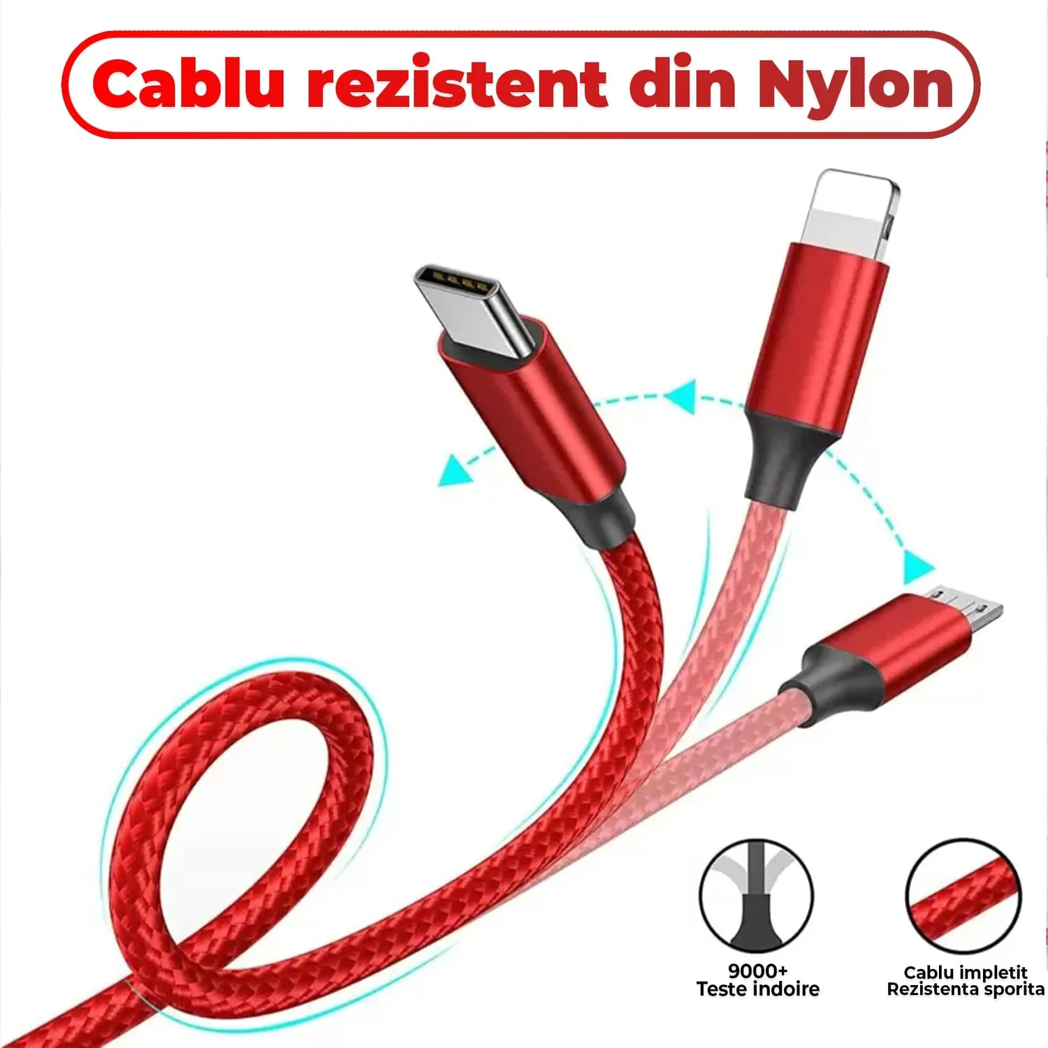Timebox Cablu 3 in 1 40W 1,2m Rosu Incarcare Rapida