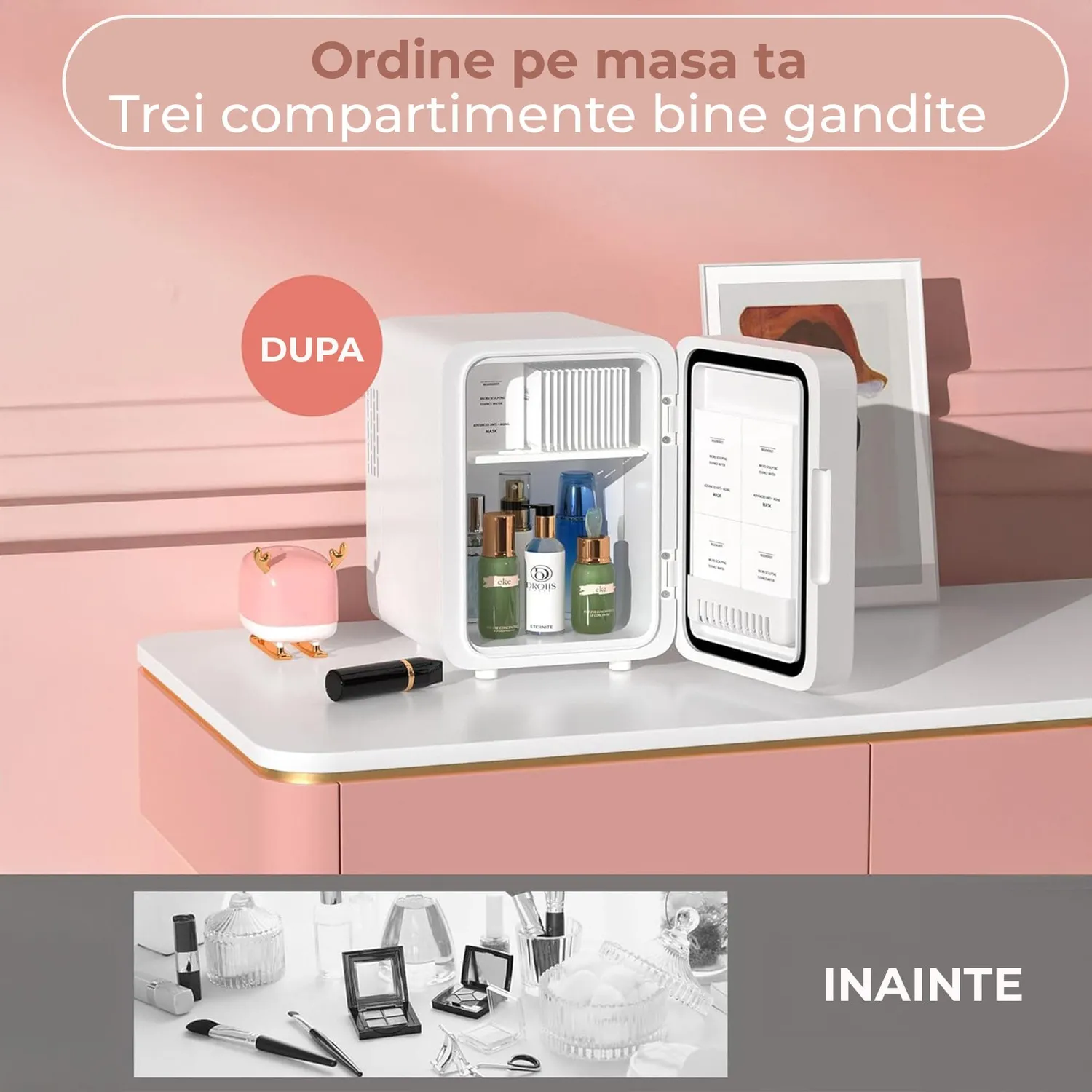 Timebox Mini Frigider Cosmetice 4L cu Oglinda LED Alb