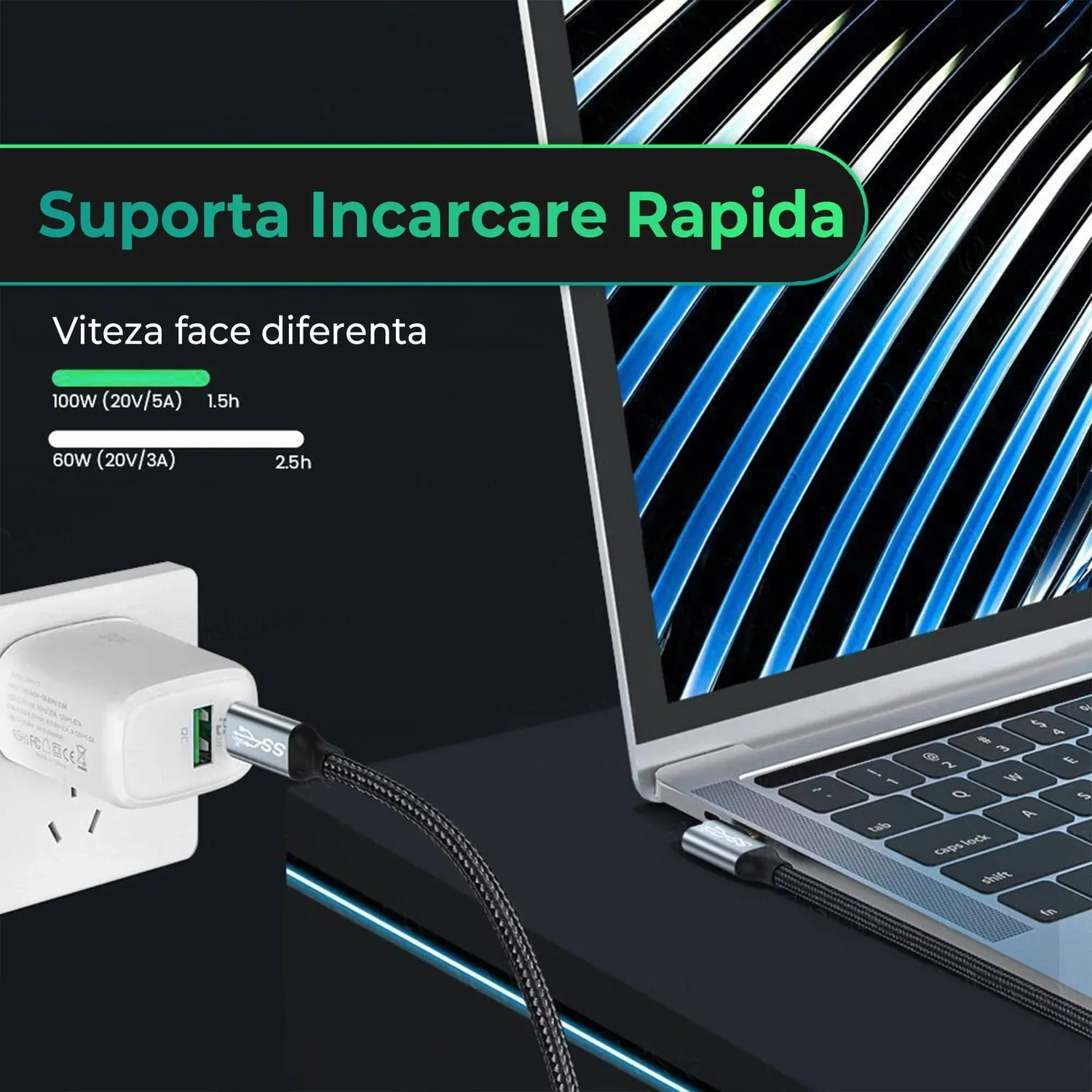 Cablu Timebox USB-C la USB-C 100W 2m gri 10Gbps