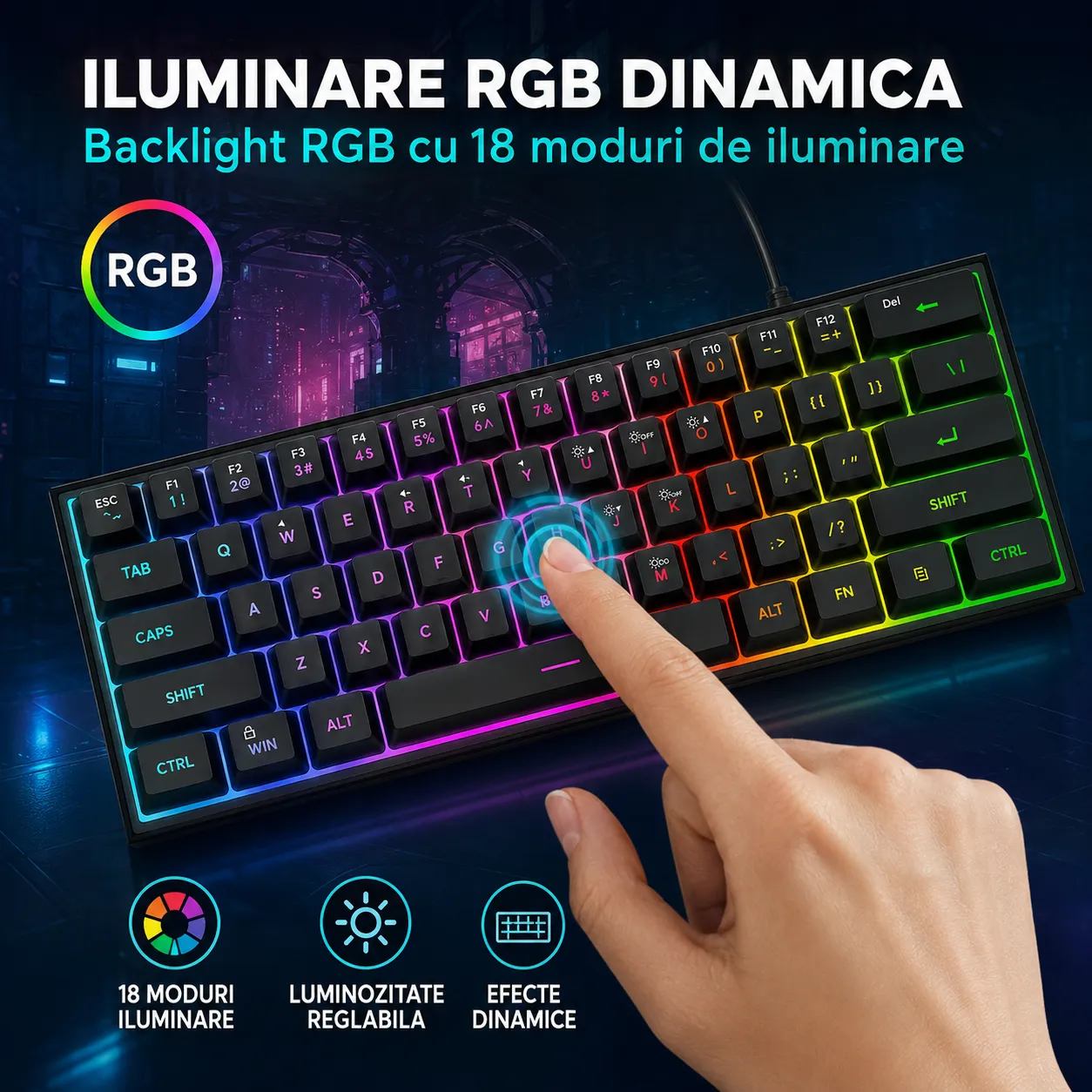 Timebox TS91 Tastatură gaming 60% RGB neagră waterproof