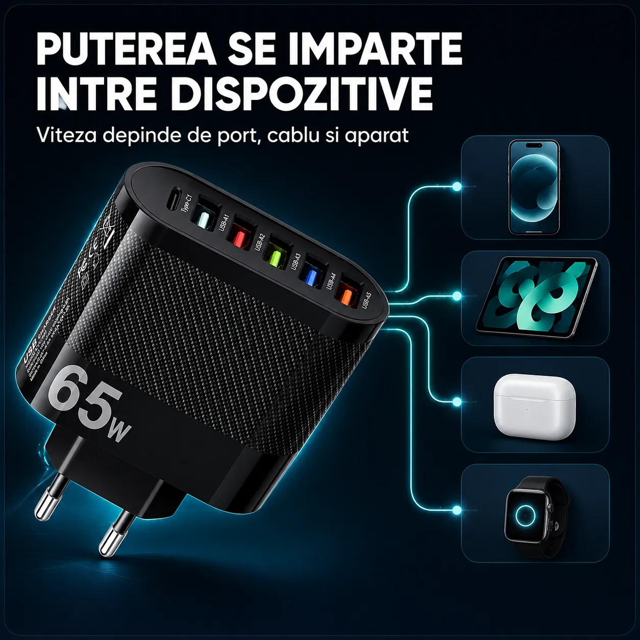 Încărcător rețea Timebox 65W 6 porturi Type-C USB negru rapid