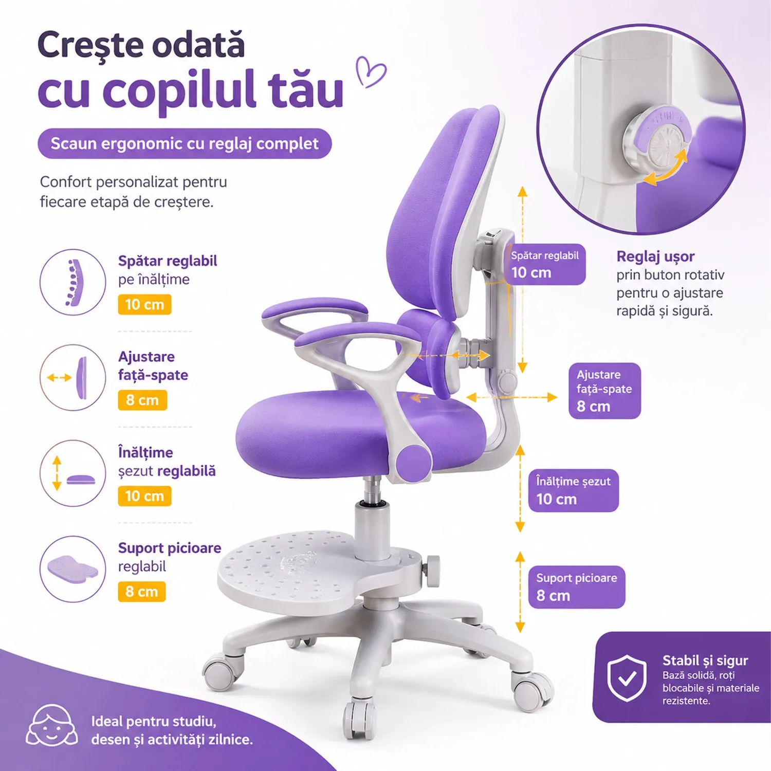Timebox 6D scaun ergonomic copii mov reglabil