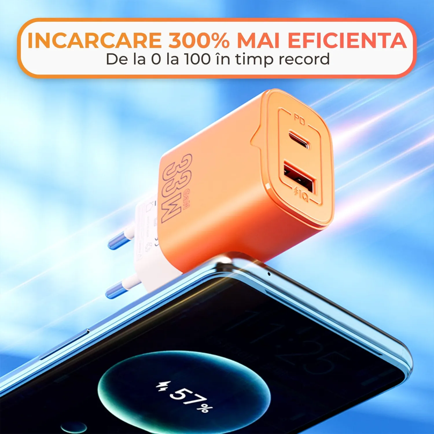 Timebox încărcător rețea 33W 2 porturi portocaliu