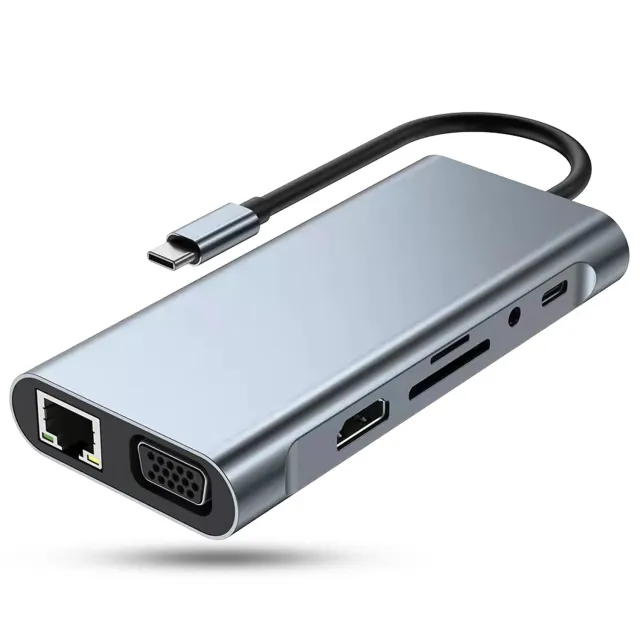 Timebox hub USB 11 in 1 Type-C gri HDMI VGA card reader