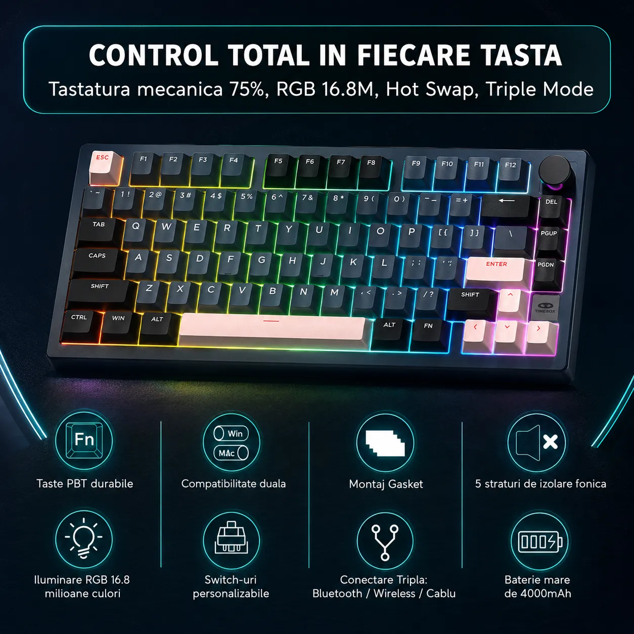 Timebox 75% tastatura mecanica wireless neagra Hot-Swap