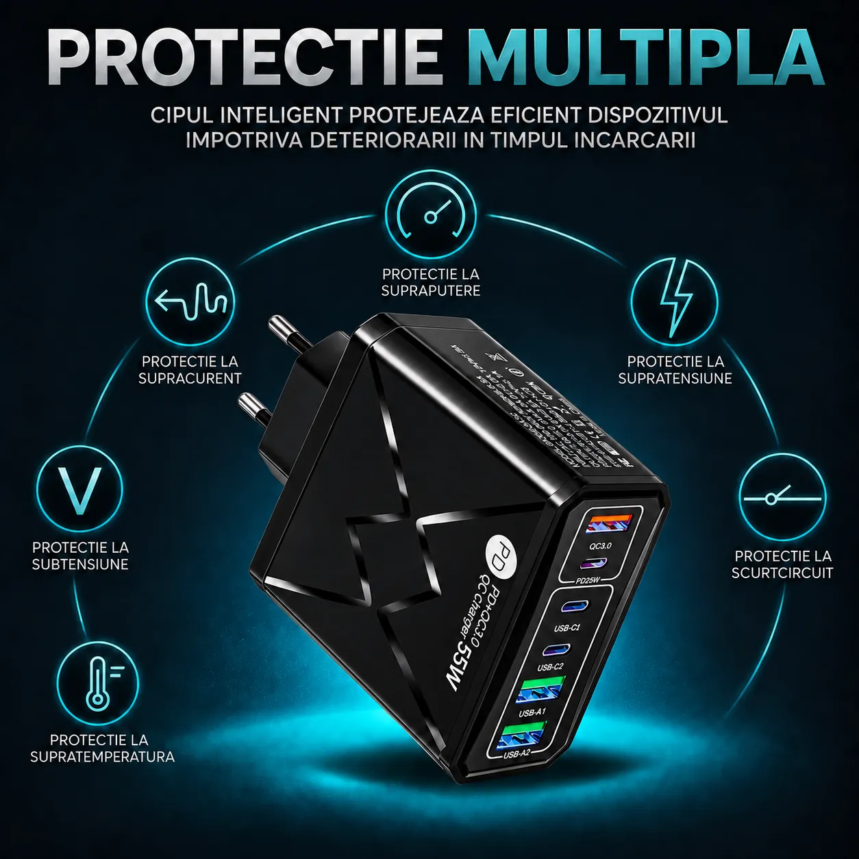 Incarcator retea Timebox 55W 6 porturi negru