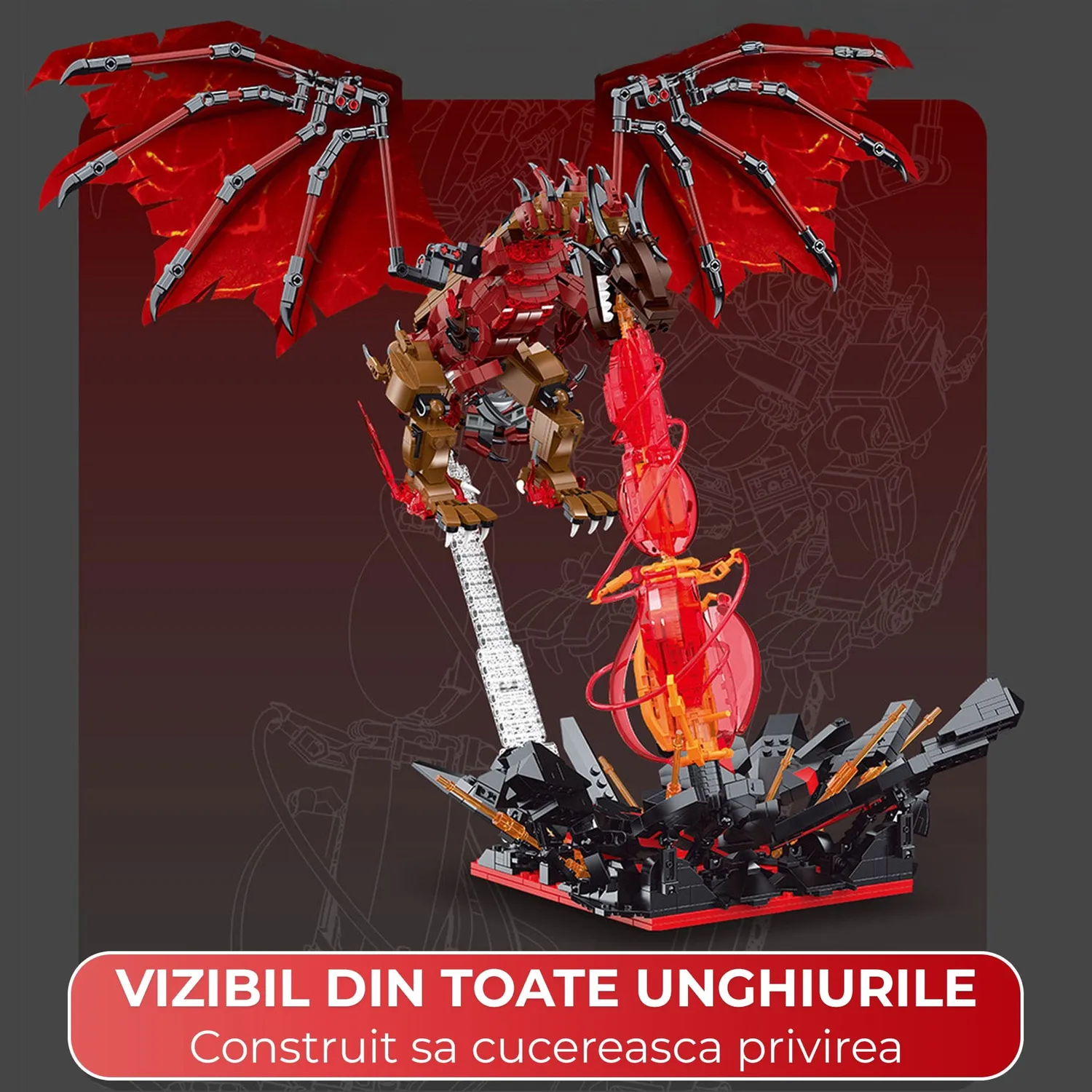 Timebox Dragon de Foc 2 in 1 set constructie rosu 1774 piese LED