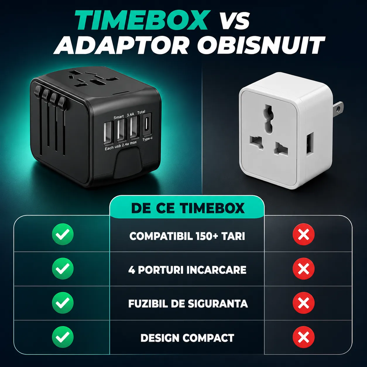 Timebox Adaptor Universal Calatorie 3 USB Type-C Negru